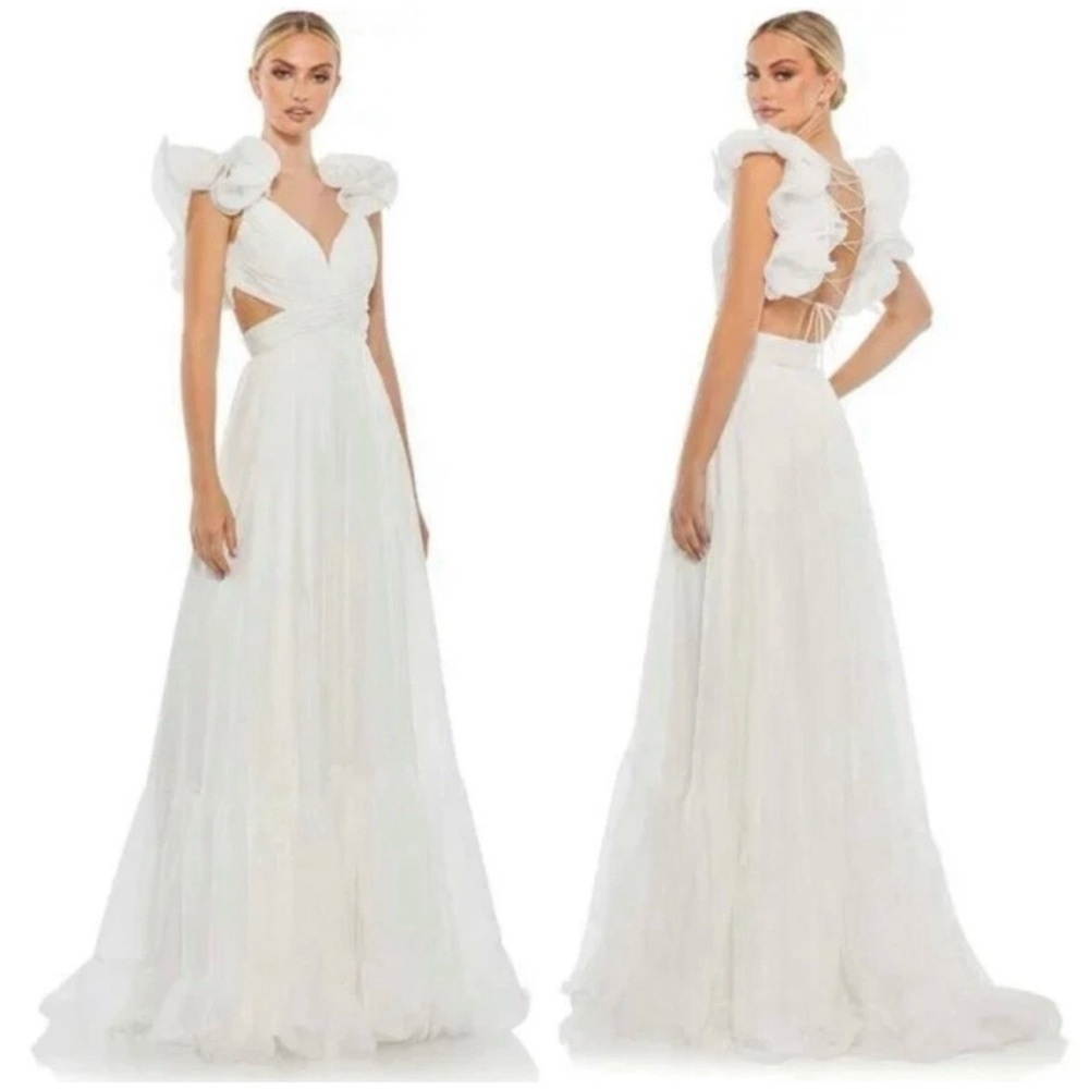 Mac Duggal White Ruffle Rosette Tiered Cut Out Chiffon 67911 Maxi Dress Gown